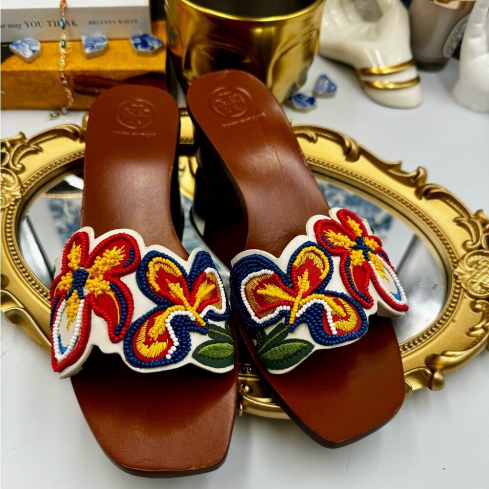 🆕 TORY BURCH 🧿 NWOT Bianca Floral Bead Embellished Slide Sandal - Ivory Multi - Picture 3 of 16
